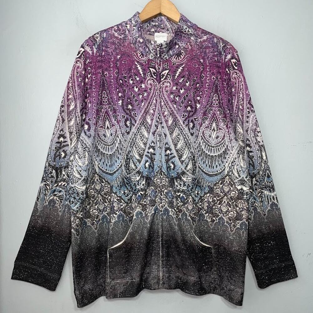 Chicos Zenergy Jacket 3 Size XL Purple Metallic Sparkle Sweater Dark Whimsigoth